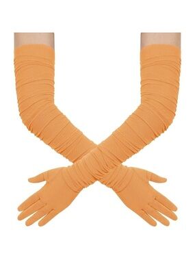 Women's Orange Stretchy Tulle Spandex Mesh Sheer Satin Long Gloves Party Prom